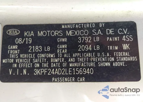 2020 Kia Forte Lxs из США, поврежденный, VIN 3KPF24AD2LE156940